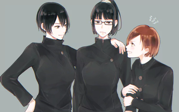 HD anime wallpaper: Jujutsu Kaisen's Maki Zenin (short black hair), Mai Zenin (black hair, glasses), and brown‑haired, brown‑eyed Nobara Kugisaki in dark school uniforms.