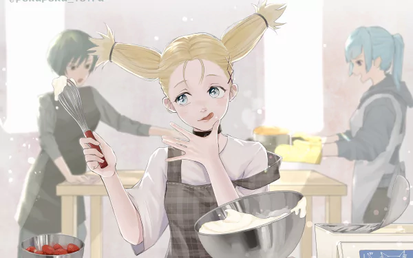 Anime-style HD desktop wallpaper featuring Mai Zenin with blonde pigtails cooking, flanked by Kasumi Miwa and Momo Nishimiya with blue hair and blue eyes from Jujutsu Kaisen.