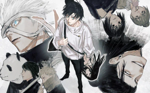 Dynamic wallpaper featuring characters from Jujutsu Kaisen, including Toge Inumaki, Panda, Maki Zenin, Suguru Geto, Yuta Okkotsu, and Satoru Gojo, set against an artistic background.