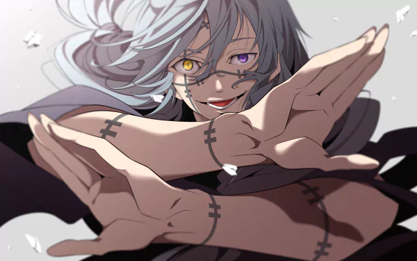 HD anime wallpaper of Mahito from Jujutsu Kaisen with long grey hair, heterochromatic purple and yellow eyes, and a mischievous smile, set against a light background.