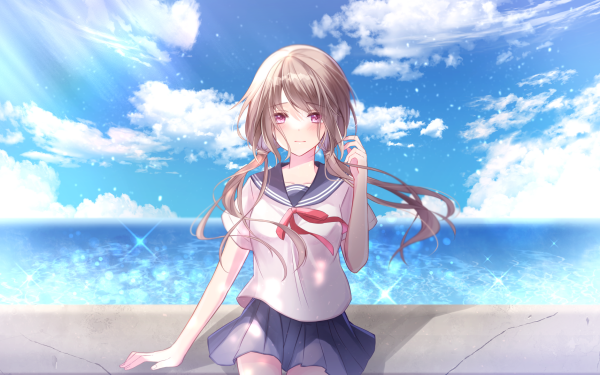Anime Girl Brown Hair Cloud Long Hair Purple Eyes School Uniform Skirt HD Wallpaper | Background Image