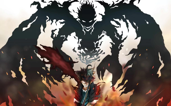 HD desktop wallpaper featuring Asta from Black Clover. He stands dramatically with a large, menacing shadow figure behind him, embodying the intense, action-packed spirit of the anime.