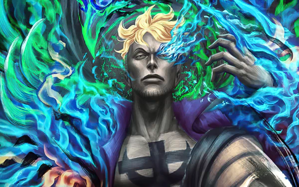 4K Ultra HD anime wallpaper featuring Marco from One Piece, surrounded by vibrant blue and green flames, showcasing dynamic and intense artwork for PC desktop background.