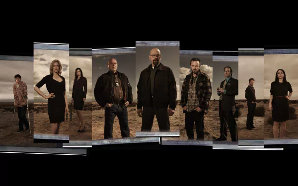 A striking 4K Ultra HD wallpaper featuring key characters from the TV show Breaking Bad, set against a dramatic desert backdrop, showcasing their intense expressions and dynamics.