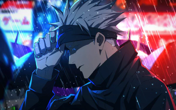 Satoru Gojo from Jujutsu Kaisen in a school uniform with white hair and a blindfold, depicted in a vibrant 4K Ultra HD anime-style wallpaper background.