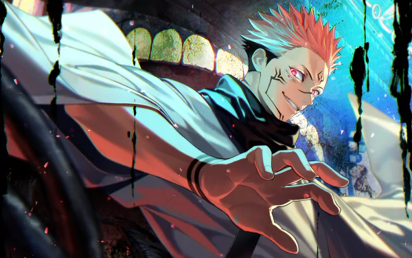 HD desktop wallpaper featuring Sukuna from Jujutsu Kaisen, depicted with pink hair in an intense, dynamic pose.