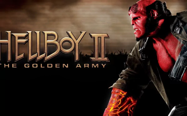HD desktop wallpaper featuring Hellboy from the movie Hellboy II: The Golden Army, with Hellboy's fiery arm and the movie title prominently displayed.