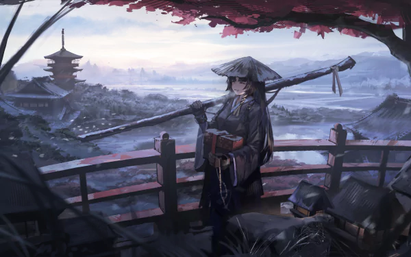 HD PC desktop wallpaper featuring Saga from the video game Arknights, standing on a wooden bridge with a serene, traditional Japanese landscape in the background.