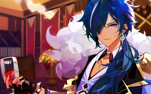 HD PC desktop wallpaper featuring Kaeya from the video game Genshin Impact, showcasing his confident expression and detailed attire in a warm, elegant setting.