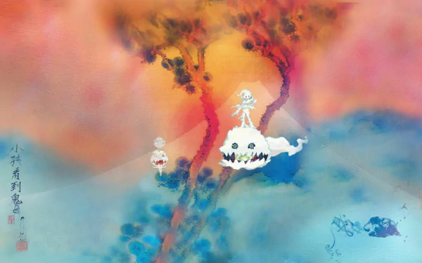 HD desktop wallpaper featuring a stylized, colorful Kids See Ghosts theme with ethereal artwork.