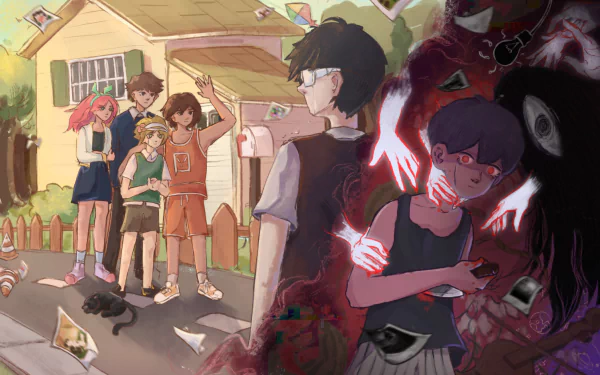 blonde brown hair pink hair black hair tears eye patch Omori (Character) Hero (Omori) Basil (Omori) Aubrey (Omori) Sunny (Omori) OMORI video game HD Desktop Wallpaper | Background Image
