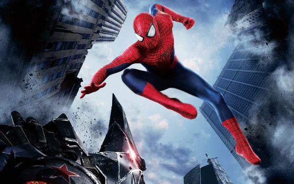 HD desktop wallpaper from The Amazing Spider-Man 2 movie showing Spider-Man in an intense, action-filled leap between buildings in a cityscape background.