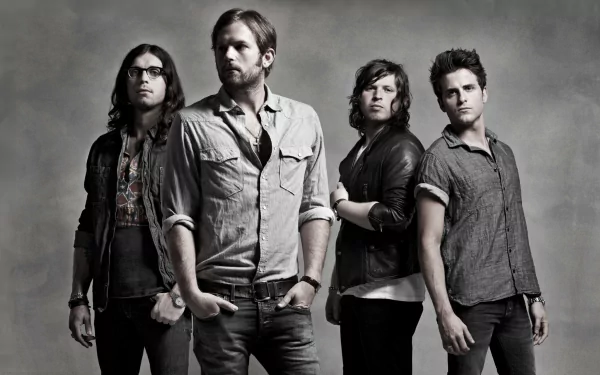 HD wallpaper featuring the band Kings Of Leon, posing in a monochrome setting for a stylish desktop background.