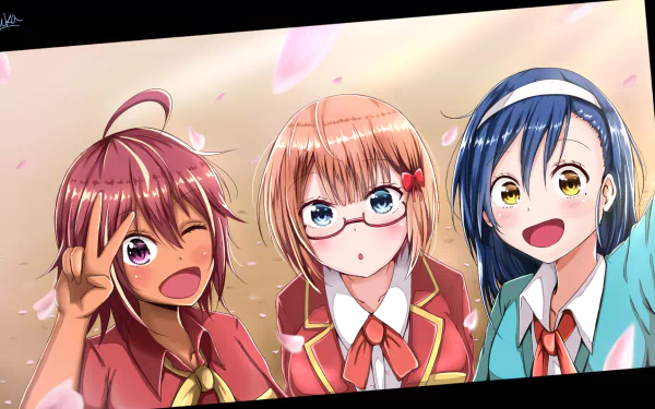 school uniform glasses yellow eyes blue eyes purple eyes blue hair orange hair red hair Fumino Furuhashi Uruka Takemoto Rizu Ogata Bokutachi wa Benkyou ga Dekinai Anime We Never Learn HD Desktop Wallpaper | Background Image