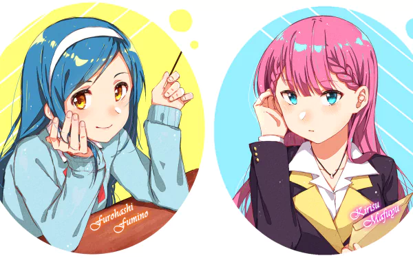blue eyes pink hair Mafuyu Kirisu school uniform long hair brown eyes blue hair Fumino Furuhashi Bokutachi wa Benkyou ga Dekinai Anime We Never Learn HD Desktop Wallpaper | Background Image