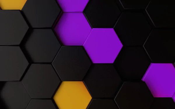 Abstract hexagon pattern 5K Ultra HD PC desktop wallpaper background: matte black honeycomb with vivid purple and yellow hexagons.