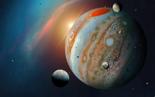 A vivid 4K Ultra HD sci-fi desktop wallpaper depicting Jupiter with its moons against a colorful space backdrop.