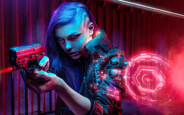 Cyberpunk-themed 4K Ultra HD wallpaper featuring a futuristic woman aiming a sci-fi weapon, illuminated by neon red and blue lights in a high-tech setting.