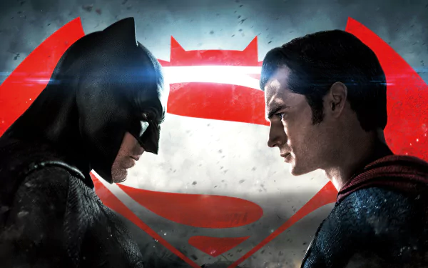 HD wallpaper featuring Ben Affleck as Batman and Henry Cavill as Superman, facing off against each other, with the iconic Batman V Superman: Dawn of Justice logo in the background.