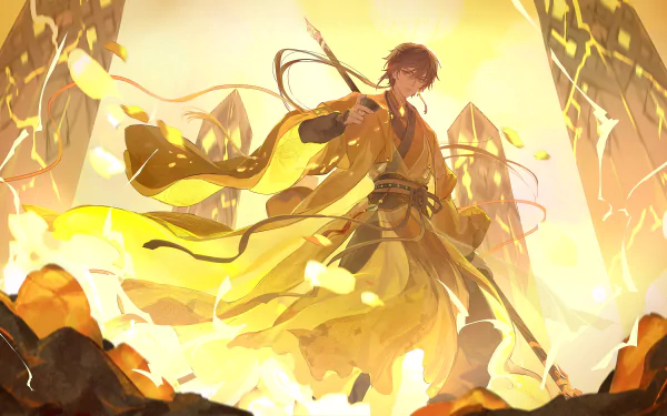 Zhongli from Genshin Impact stands amidst golden flames and floating rocks in a dynamic 4K Ultra HD video game desktop wallpaper.