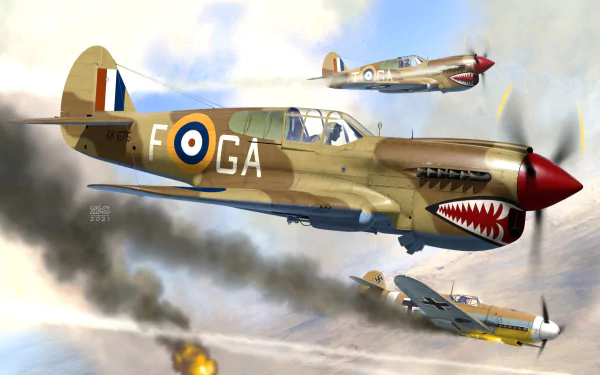 HD desktop wallpaper featuring a Curtiss P-40 Warhawk military warplane in flight, showcasing its distinctive shark mouth nose art against a dynamic sky backdrop.
