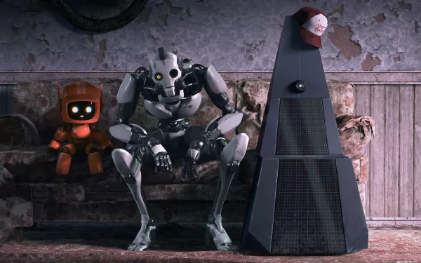 HD wallpaper featuring characters XBOT 4000 and K-VRC from Love, Death & Robots animated series, posed in a dimly lit room with rustic decor.