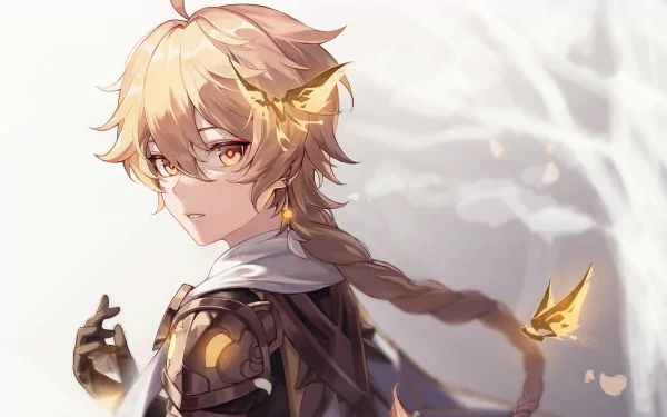 HD desktop wallpaper featuring Aether from the video game Genshin Impact. Aether sports blonde hair and yellow eyes, looking over his shoulder with a serious expression.
