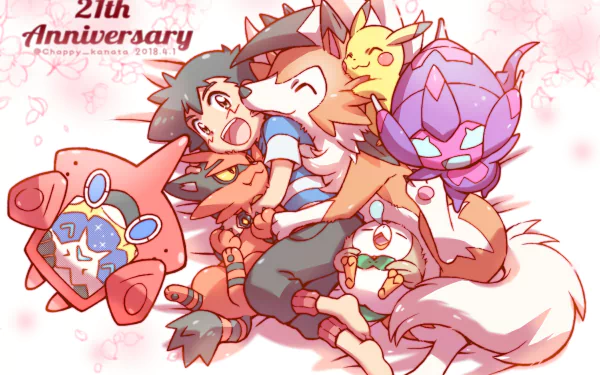 smile sleeping hug Solgaleo (Pokémon) Torracat (Pokémon) Lycanroc (Pokemon) Poipole (Pokémon) Rowlet (Pokémon) black hair barefoot Rotomdex (Pokémon) Pikachu Ash Ketchum Anime Pokemon HD Desktop Wallpaper | Background Image