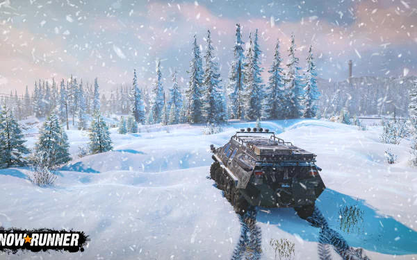 SnowRunner game HD desktop wallpaper featuring an off-road vehicle navigating a snowy landscape with pine trees and falling snowflakes.