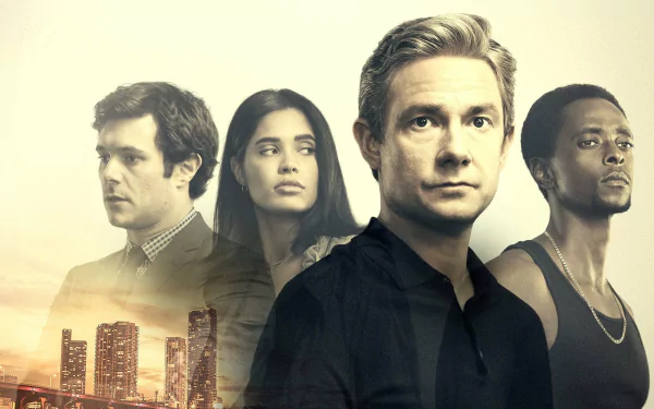 HD desktop wallpaper featuring four intense-looking individuals with a cityscape background, tagged with StartUp.