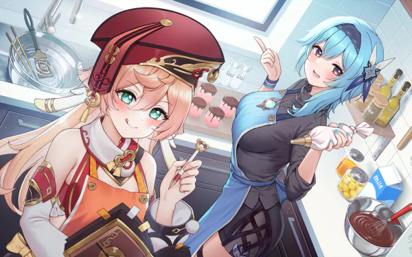 HD PC desktop wallpaper featuring Eula and Yanfei from the video game Genshin Impact cooking together in a bright, modern kitchen.