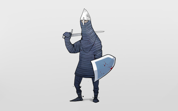 HD desktop wallpaper featuring a stylized knight from the game Bad North, poised with sword and shield, set against a minimalist background.