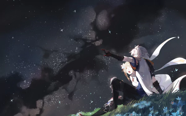 HD PC desktop wallpaper featuring Lumine and Albedo from the video game Genshin Impact, set against a starry night sky background.