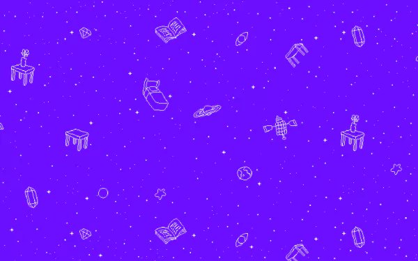 Pixel art HD desktop wallpaper inspired by the video game OMORI, featuring a starry sky with floating objects like books, chairs, and plants against a vivid purple background.