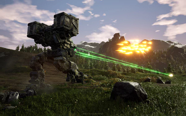 A powerful mech from MechWarrior 5: Mercenaries fires green lasers against a stunning sunset backdrop, setting the scene for intense combat and adventure in this HD wallpaper.