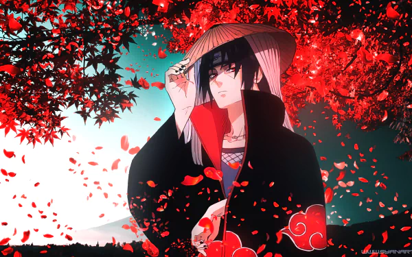 HD desktop wallpaper featuring Itachi Uchiha from the anime Naruto, dressed in Akatsuki attire, with a serene, red leaf background.