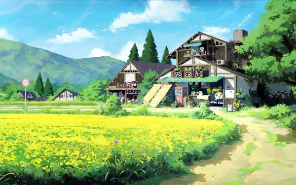 HD anime wallpaper featuring Mimi Tachikawa standing in a vibrant yellow field with rustic houses and green mountains under a bright blue sky, from Digimon.