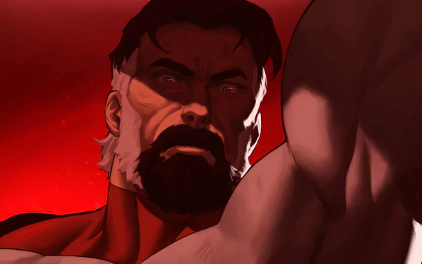 Close-up 4K Ultra HD wallpaper of Omni-Man with a beard from the TV show Invincible, featuring intense red lighting and a dramatic expression.