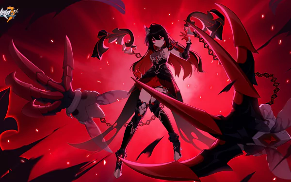 HD PC desktop wallpaper featuring Seele Vollerei from the video game Honkai Impact 3rd, set against a dynamic red and black background with sharp, claw-like elements.