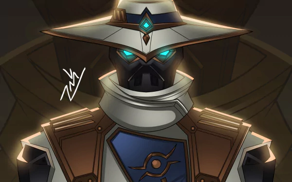 HD PC desktop wallpaper featuring Cypher from Valorant, showcasing his iconic mask, hat, and glowing blue eyes in a detailed video game art style.