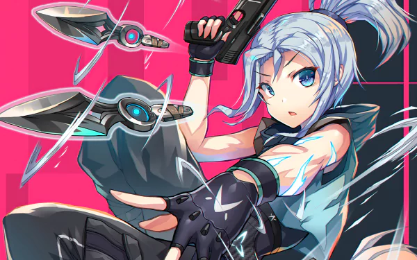 4K Ultra HD PC desktop wallpaper of Jett, a character from the video game Valorant, depicted in action with knives against a vibrant pink background.