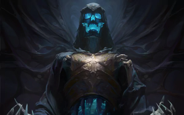 HD desktop wallpaper from Diablo Immortal featuring a sinister undead figure with a glowing blue skull in dark, ominous surroundings.