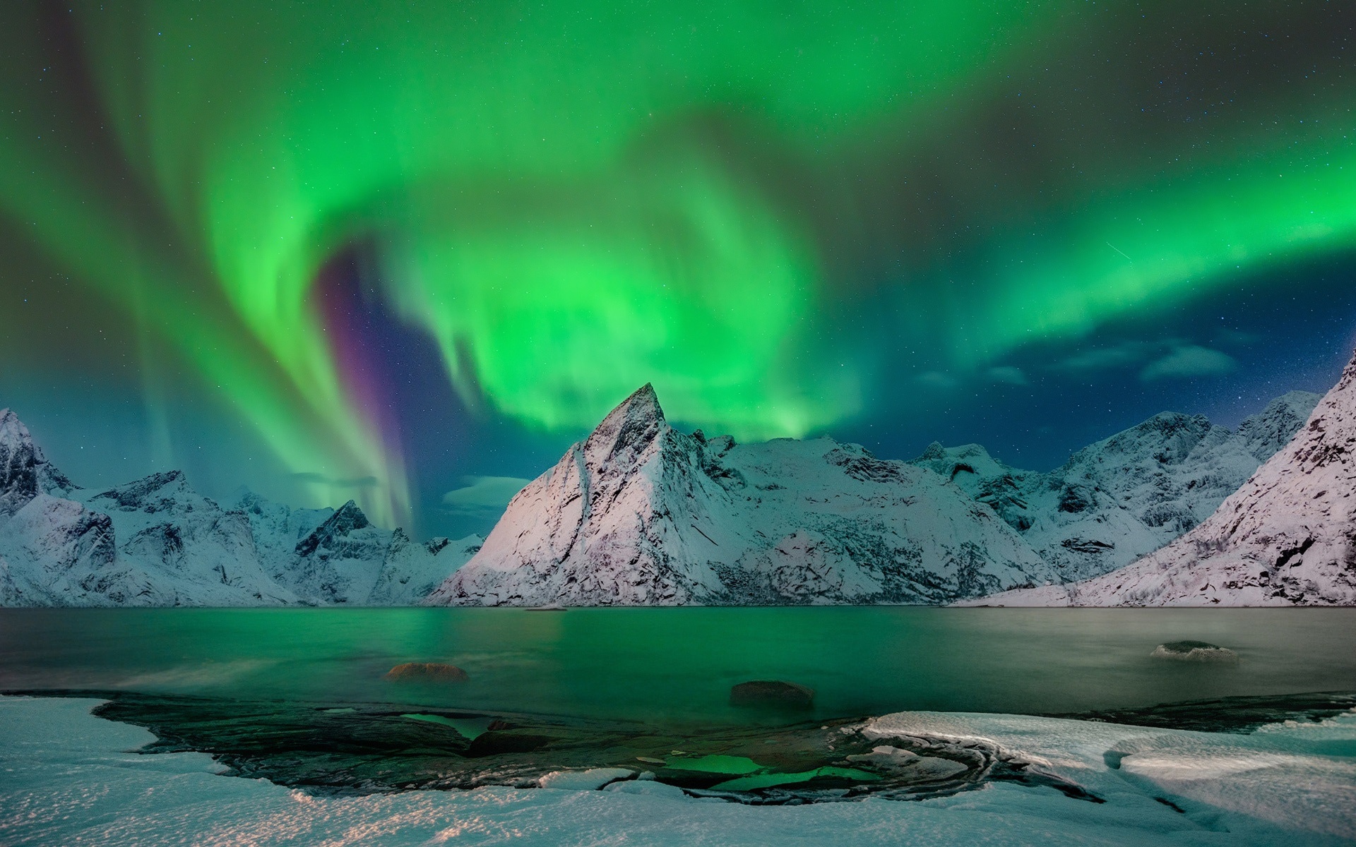 Download Norway Night Mountain Sky Winter Nature Aurora Borealis HD