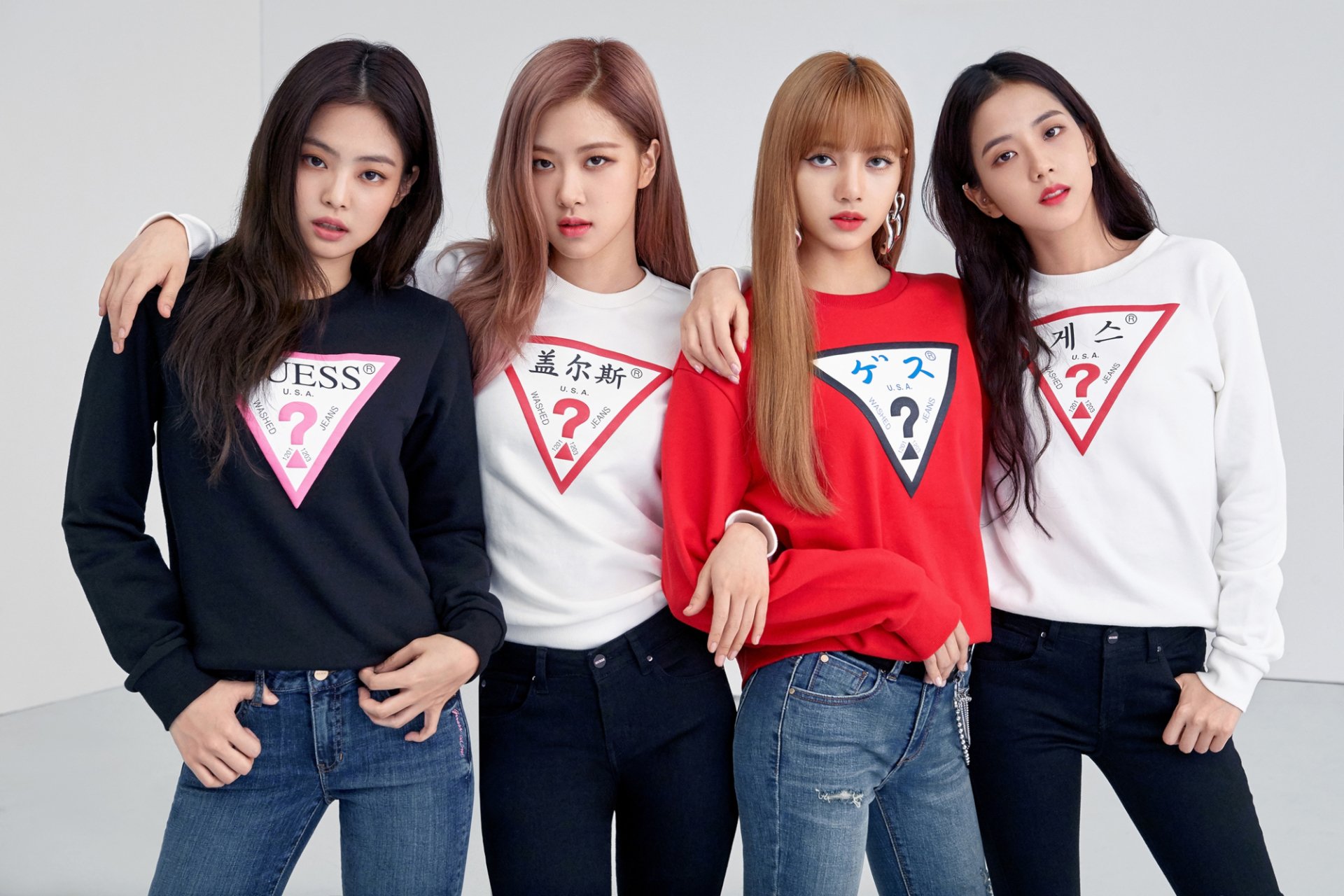 HD PC wallpaper featuring BlackPink members Jennie, Lisa, Rosé, and Jisoo in casual outfits, showcasing the iconic K-pop group.