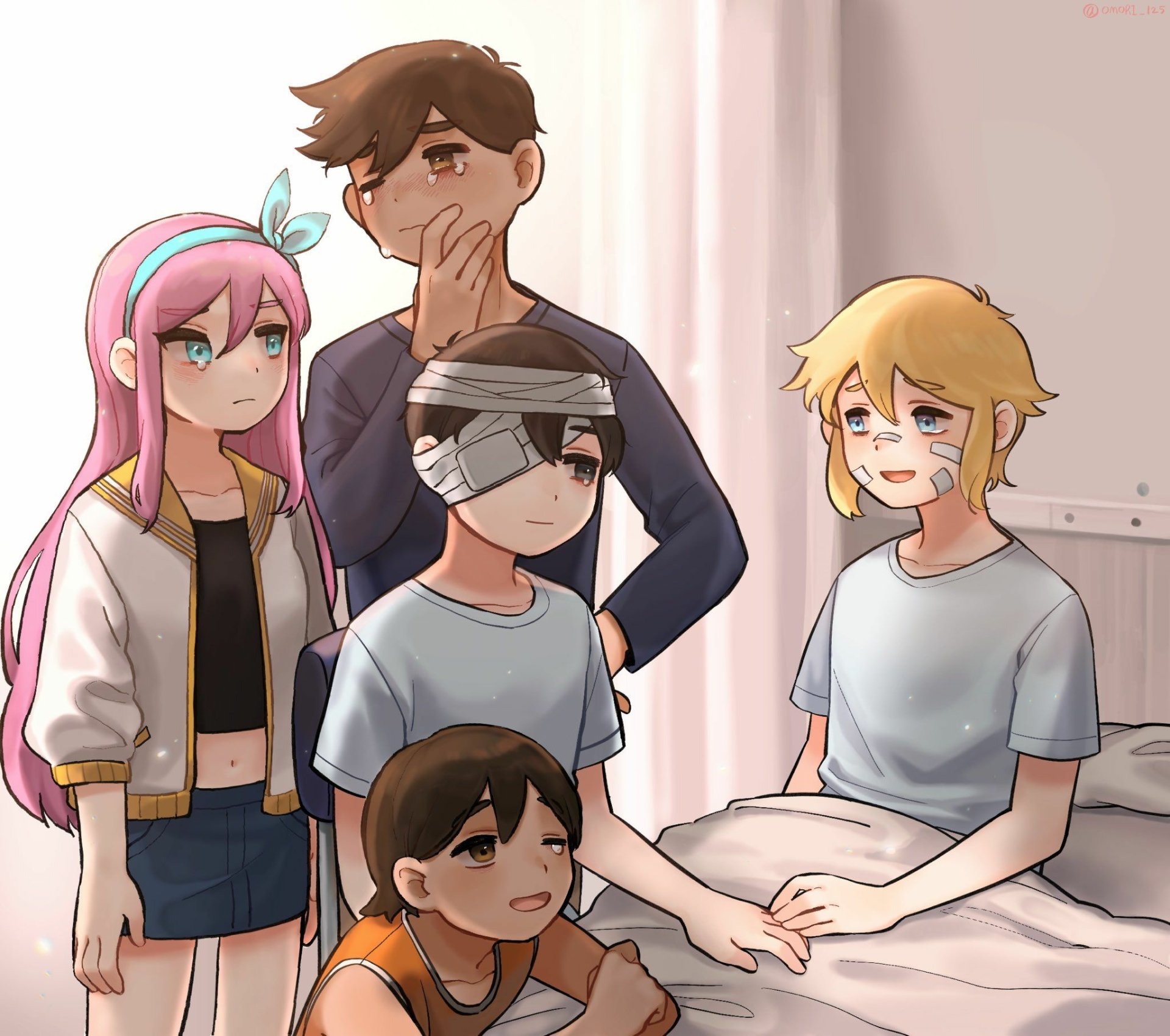 Download Eye Patch Brown Hair Pink Hair Blonde Black Hair Aubrey (Omori) Tears Hero (Omori) Kel (Omori) Basil (Omori) Sunny (Omori) Video Game OMORI HD Wallpaper by OMORI_125