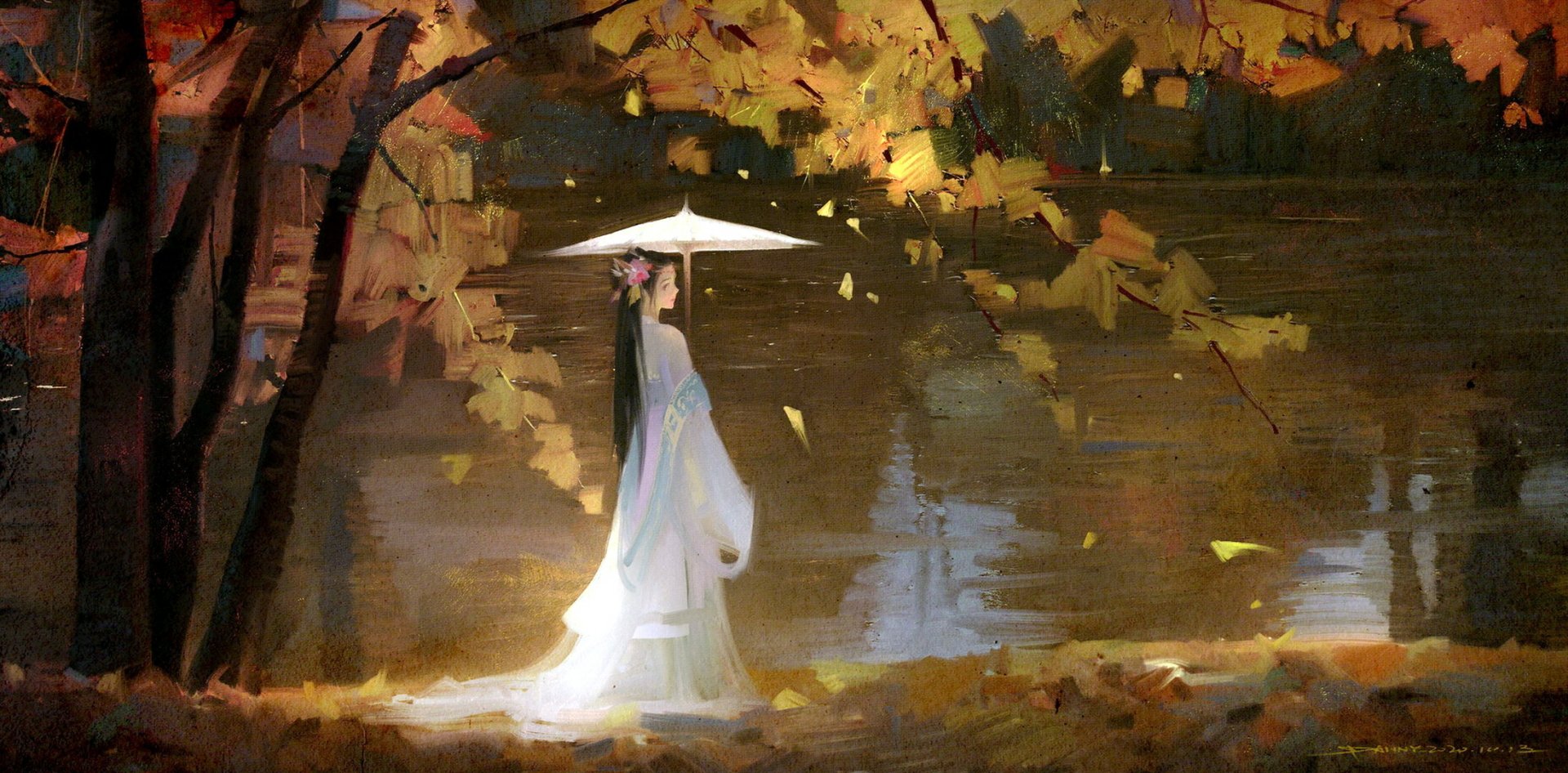 HD PC desktop wallpaper featuring Jiang Yanli from Mo Dao Zu Shi standing by a riverbank under autumn leaves, holding a white umbrella in a serene anime-style scene.