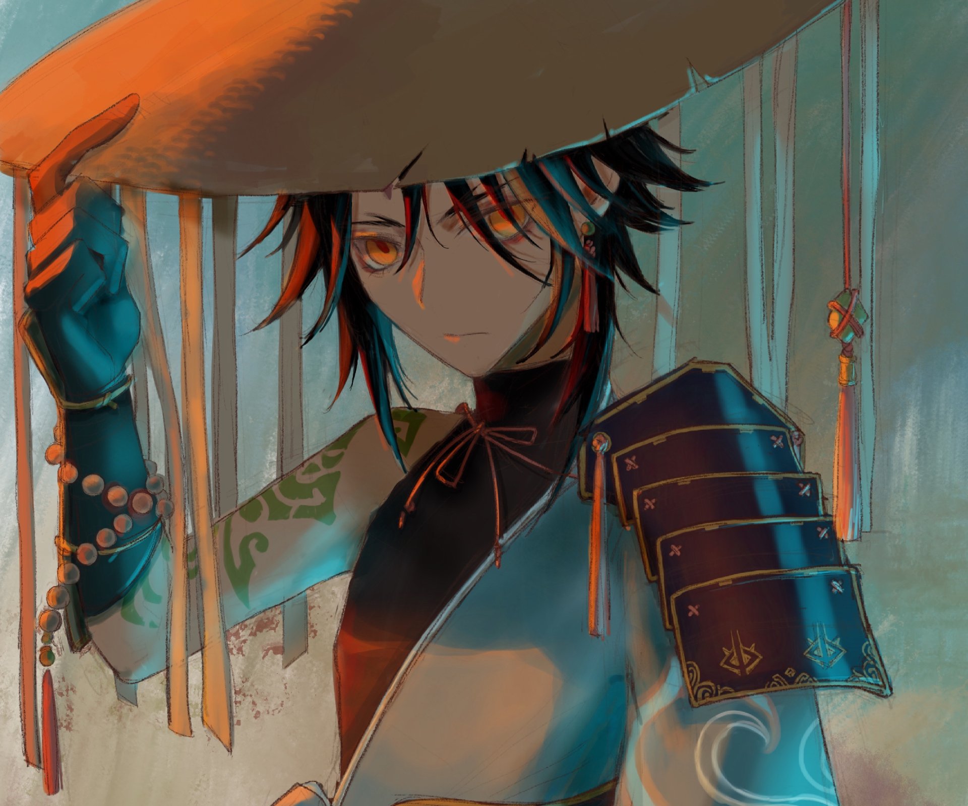 HD PC desktop wallpaper featuring Xiao from the video game Genshin Impact, showcasing his detailed armor and intense expression in a dynamic artistic style.