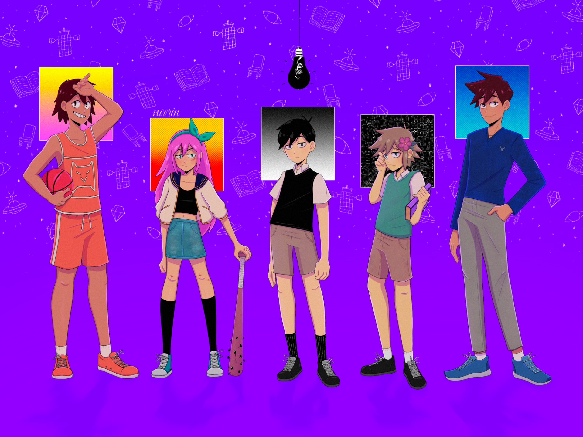 HD PC desktop wallpaper featuring Hero, Kel, Aubrey, Basil, and Sunny from the video game OMORI against a vibrant purple background.
