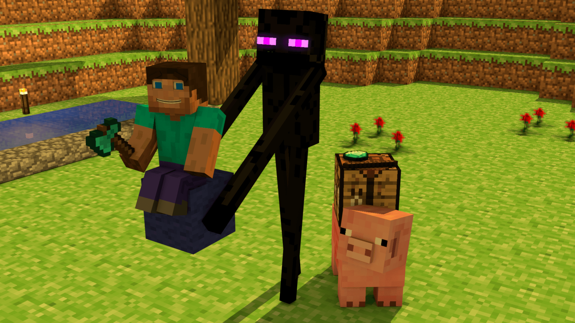 Minecraft HD desktop wallpaper featuring a player, an Enderman, and a pig on a grassy biome with a crafting table.