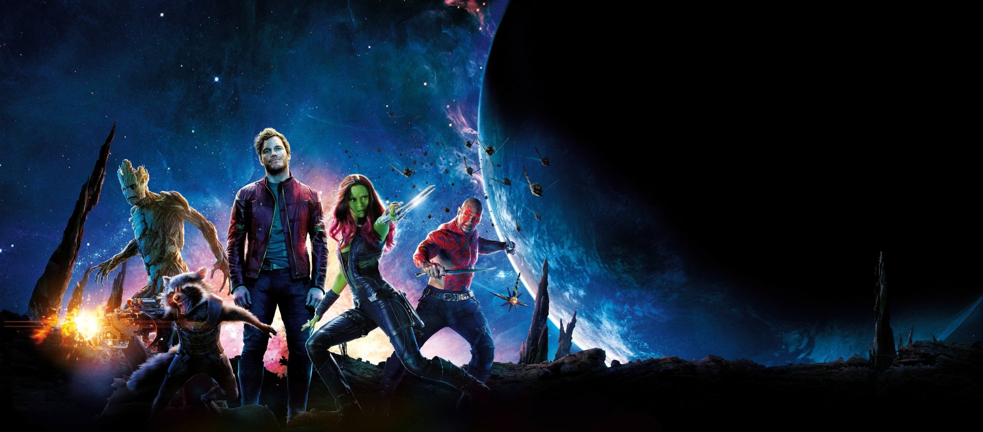 8K Ultra HD desktop wallpaper featuring Guardians of the Galaxy characters Peter Quill (Star-Lord), Drax, Gamora, Rocket Raccoon, Groot, and actors Chris Pratt, Dave Bautista, Zoe Saldana.